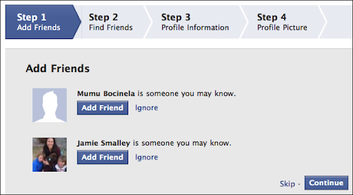 Facebook onboarding process. Adding friends.