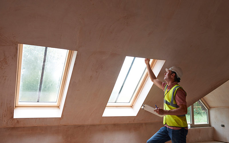 Man conducts a home inspection before purchase.